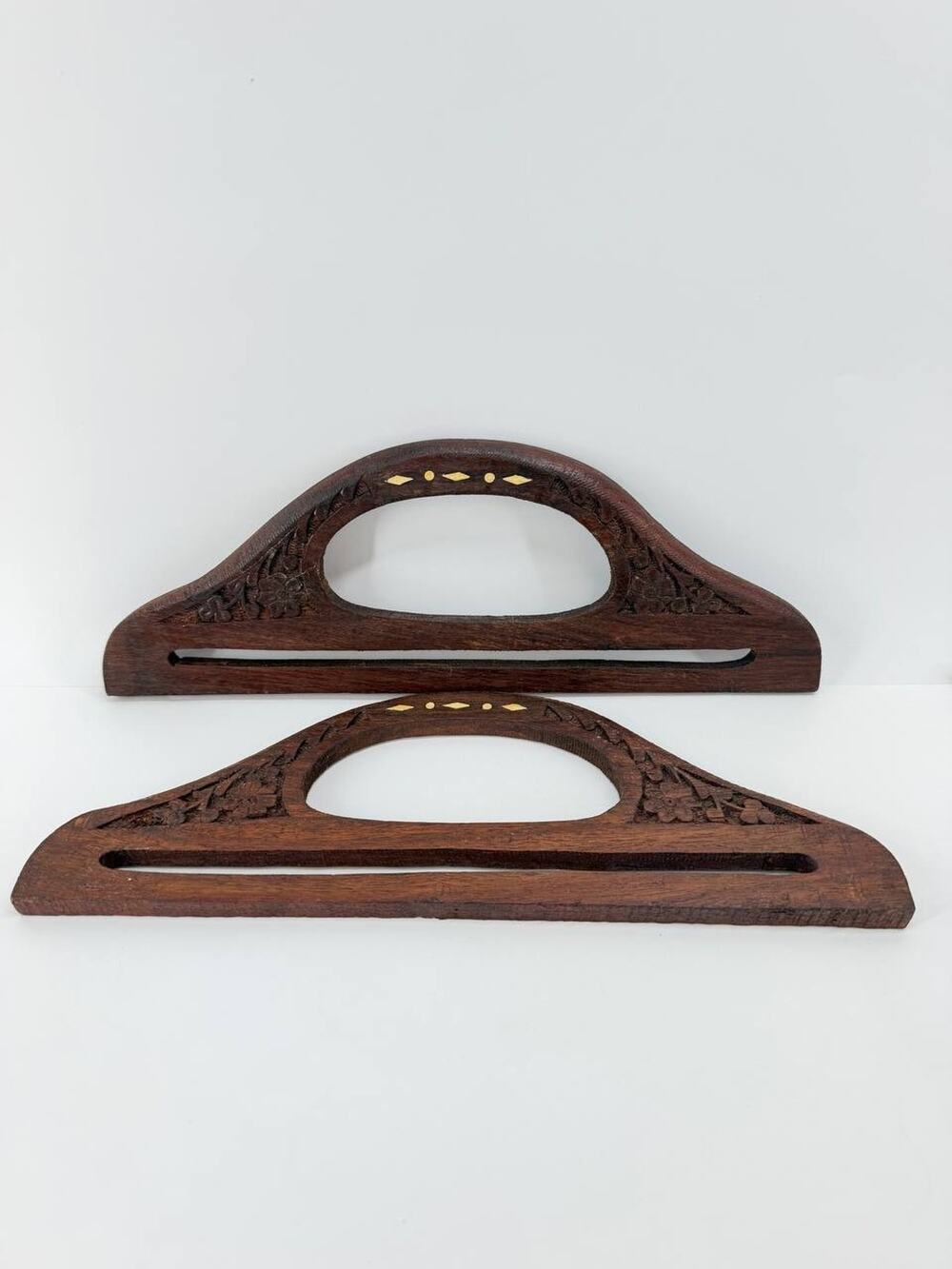 Carved Wood Purse Handles Dark Brown Floral Brass Inlay Bag Making Set